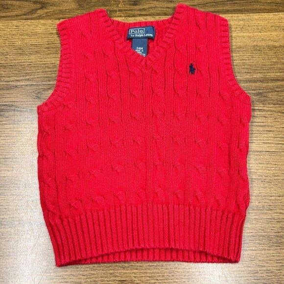 Polo Ralph Lauren Toddler Cable Knit Sweater Vest Red 24M 100% Cotton - Picture 1 of 7